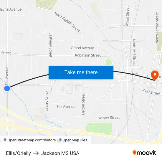 Ellis/Orielly to Jackson MS USA map