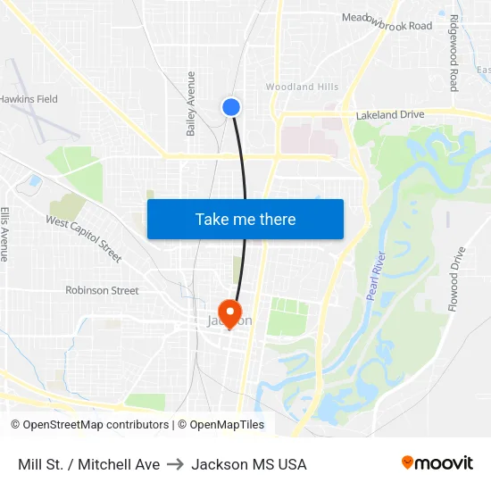 Mill St. / Mitchell Ave to Jackson MS USA map
