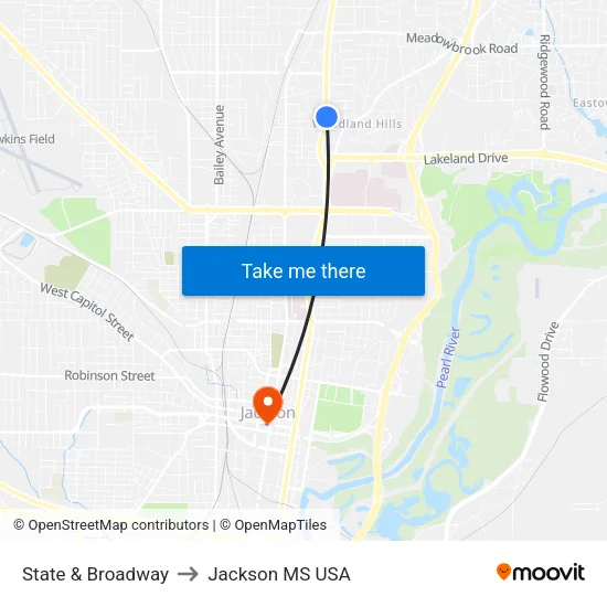 State & Broadway to Jackson MS USA map