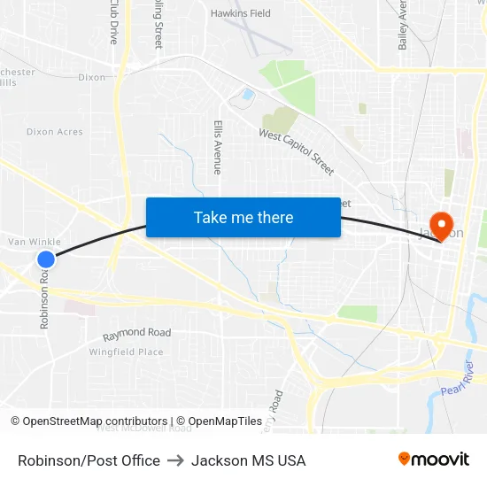 Robinson/Post Office to Jackson MS USA map