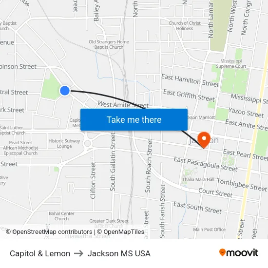 Capitol & Lemon to Jackson MS USA map