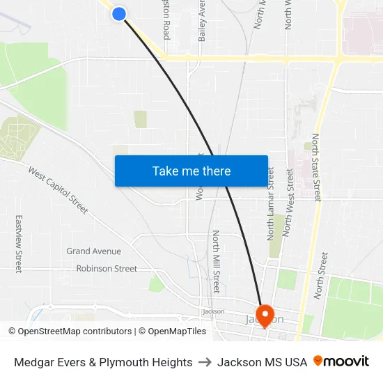 Medgar Evers & Plymouth Heights to Jackson MS USA map