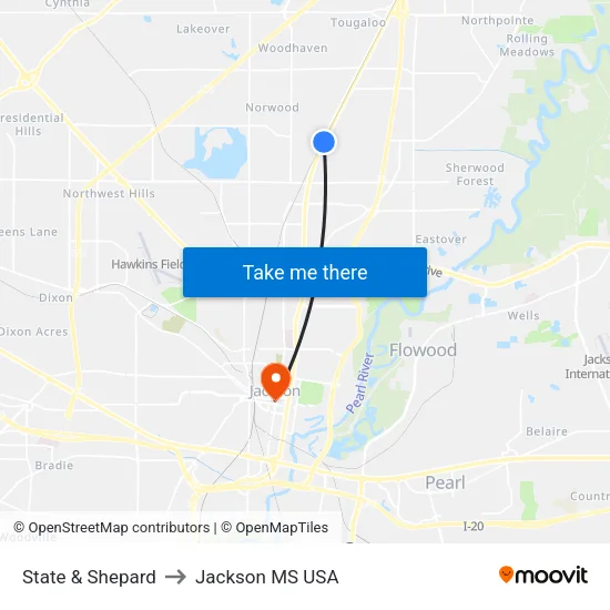 State & Shepard to Jackson MS USA map