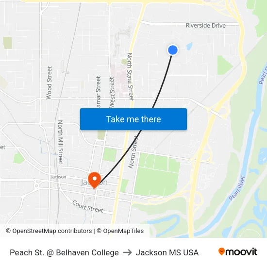 Peach St. @ Belhaven College to Jackson MS USA map