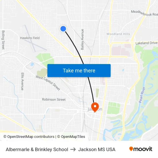 Albermarle & Brinkley School to Jackson MS USA map