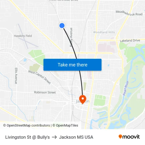 Livingston St @ Bully's to Jackson MS USA map