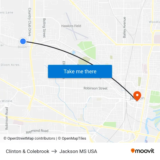 Clinton & Colebrook to Jackson MS USA map