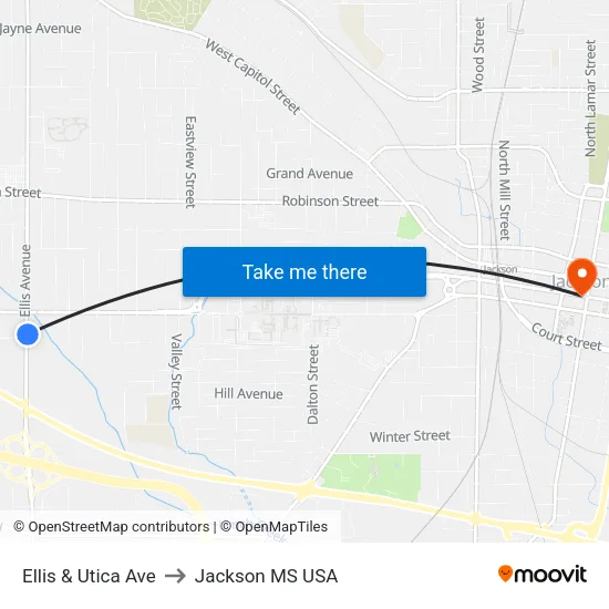 Ellis & Utica Ave to Jackson MS USA map
