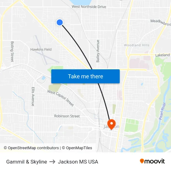 Gammil & Skyline to Jackson MS USA map
