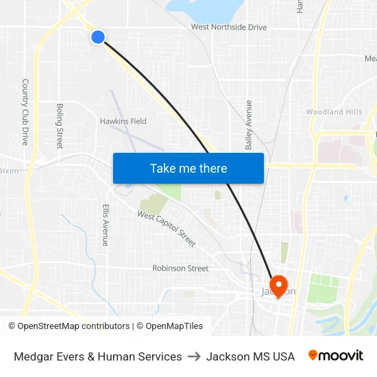 Medgar Evers & Human Services to Jackson MS USA map