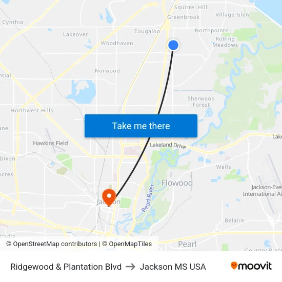 Ridgewood & Plantation Blvd to Jackson MS USA map