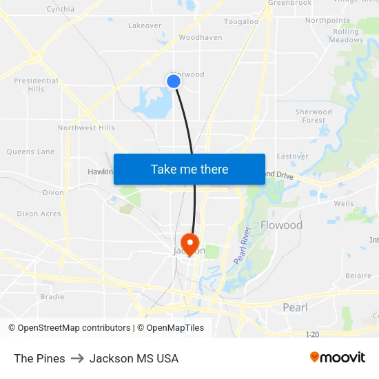 The Pines to Jackson MS USA map