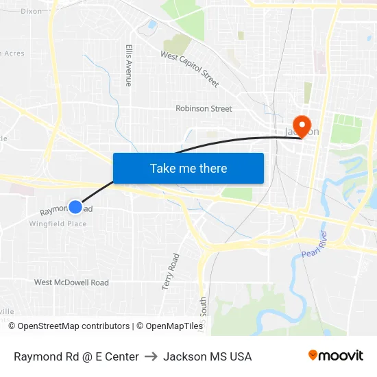 Raymond Rd @ E Center to Jackson MS USA map
