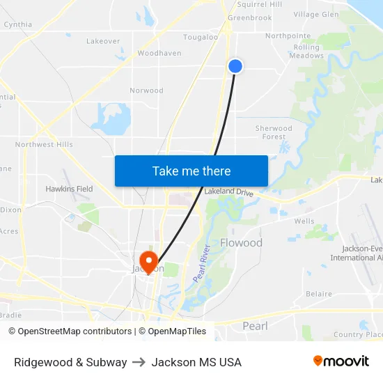 Ridgewood & Subway to Jackson MS USA map