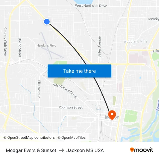 Medgar Evers & Sunset to Jackson MS USA map