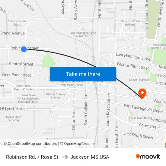 Robinson Rd. / Rose St. to Jackson MS USA map