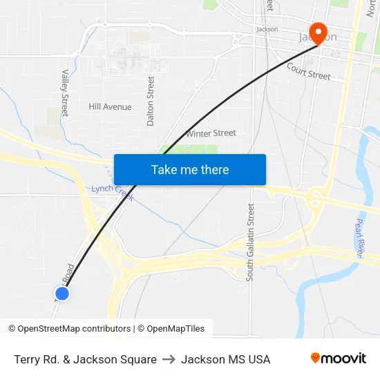 Terry Rd. & Jackson Square to Jackson MS USA map