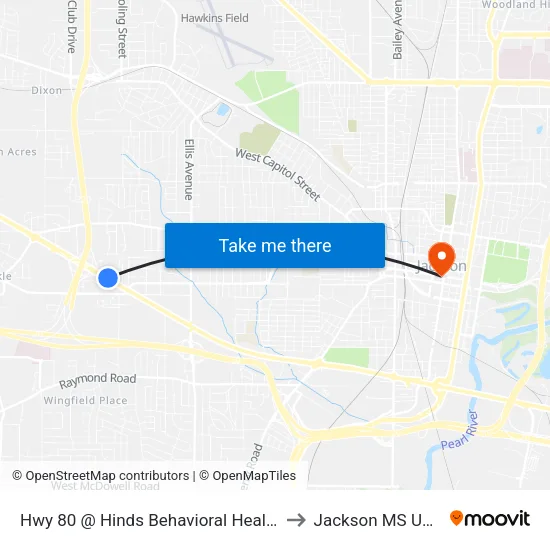 Hwy 80 @ Hinds Behavioral Health to Jackson MS USA map