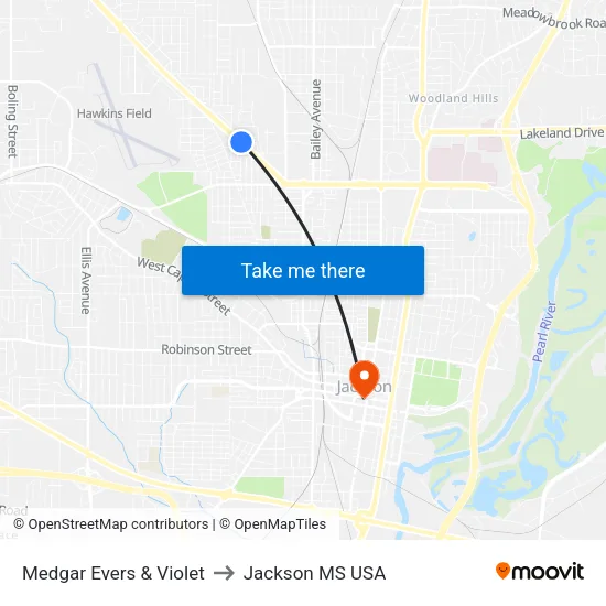 Medgar Evers & Violet to Jackson MS USA map