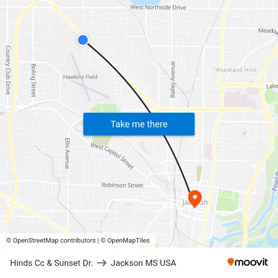 Hinds Cc & Sunset Dr. to Jackson MS USA map