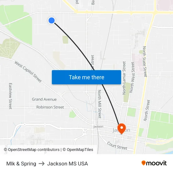 Mlk & Spring to Jackson MS USA map