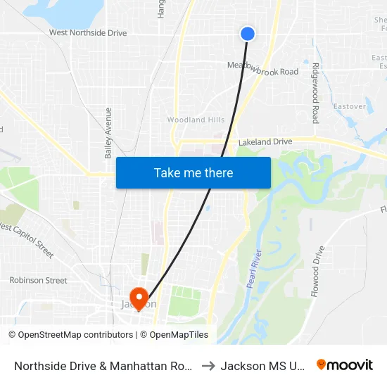Northside Drive & Manhattan Road to Jackson MS USA map