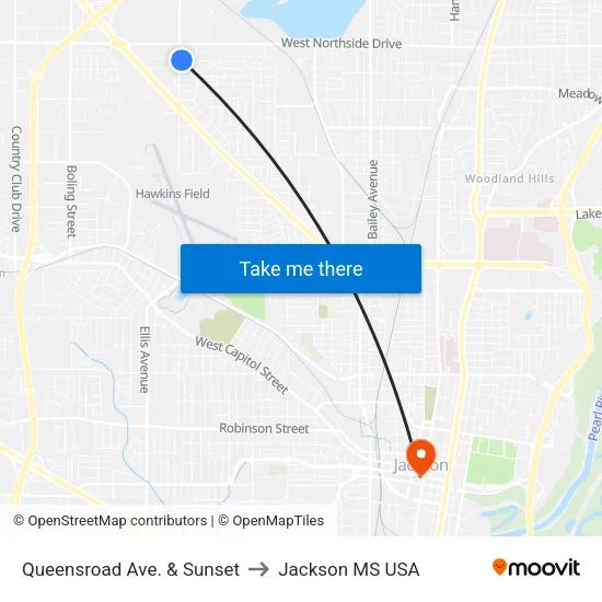 Queensroad Ave. & Sunset to Jackson MS USA map