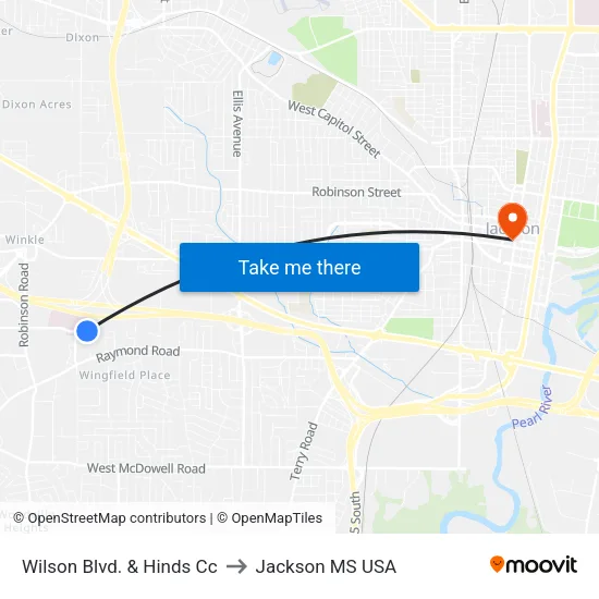 Wilson Blvd. & Hinds Cc to Jackson MS USA map