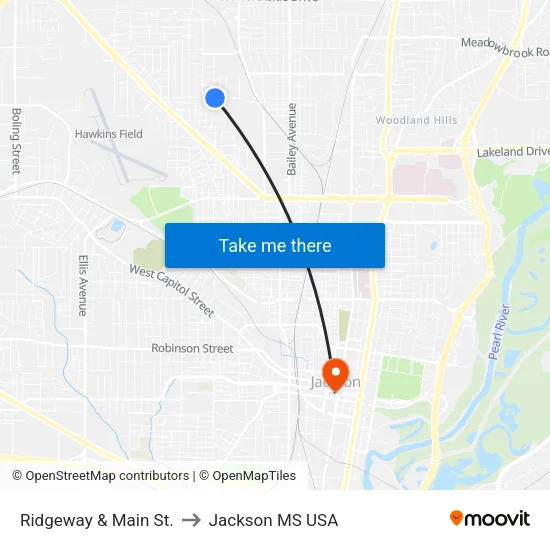 Ridgeway & Main St. to Jackson MS USA map