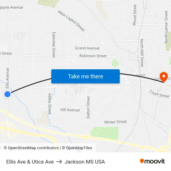 Ellis Ave & Utica Ave to Jackson MS USA map