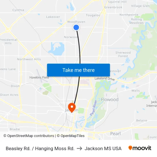 Beasley Rd. / Hanging Moss Rd. to Jackson MS USA map