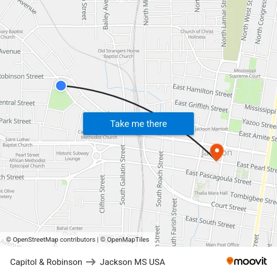Capitol & Robinson to Jackson MS USA map