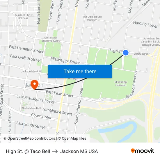 High St. @ Taco Bell to Jackson MS USA map