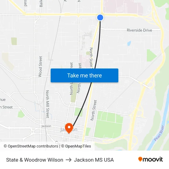 State & Woodrow Wilson to Jackson MS USA map