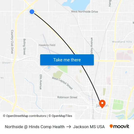 Northside @ Hinds Comp Health to Jackson MS USA map
