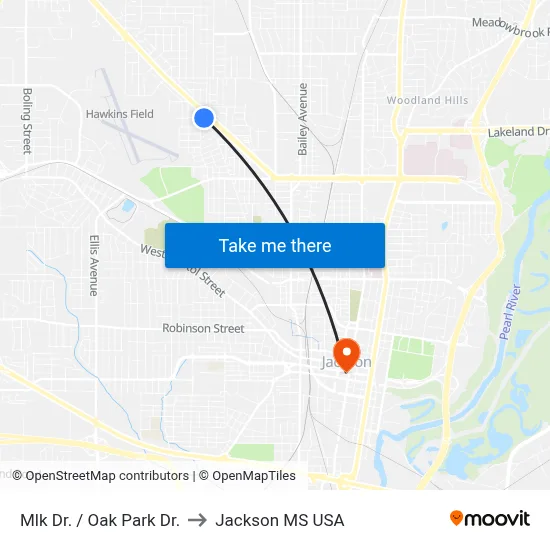 Mlk Dr. / Oak Park Dr. to Jackson MS USA map