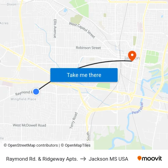 Raymond Rd. & Ridgeway Apts. to Jackson MS USA map