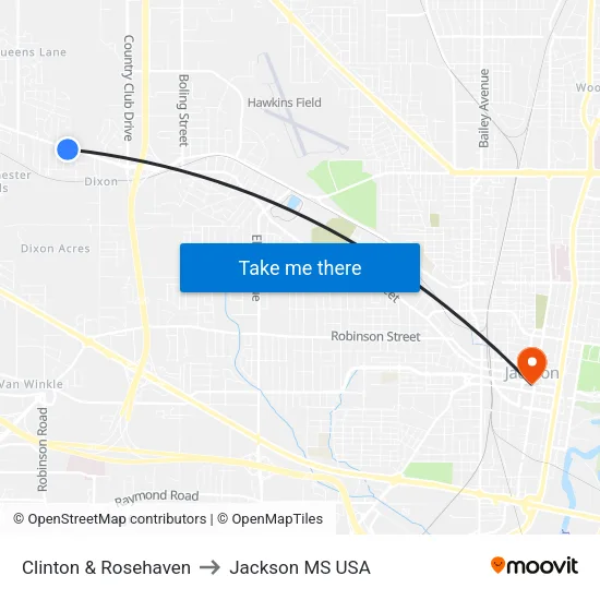 Clinton & Rosehaven to Jackson MS USA map
