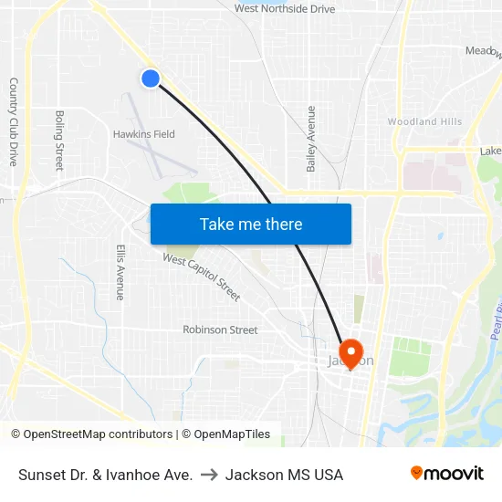 Sunset Dr. & Ivanhoe Ave. to Jackson MS USA map