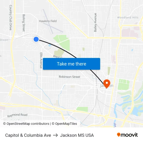 Capitol & Columbia Ave to Jackson MS USA map