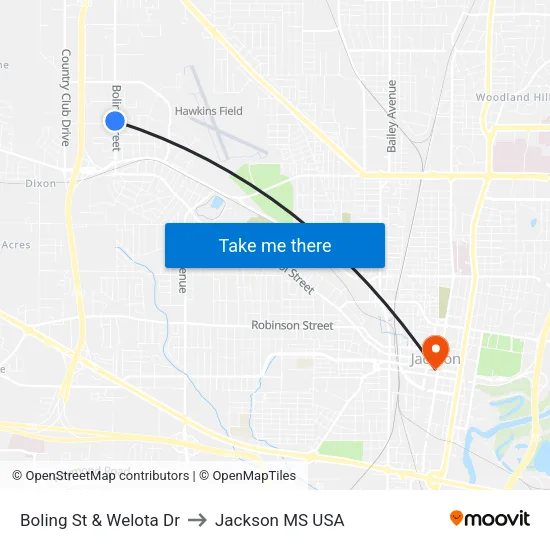 Boling St & Welota Dr to Jackson MS USA map