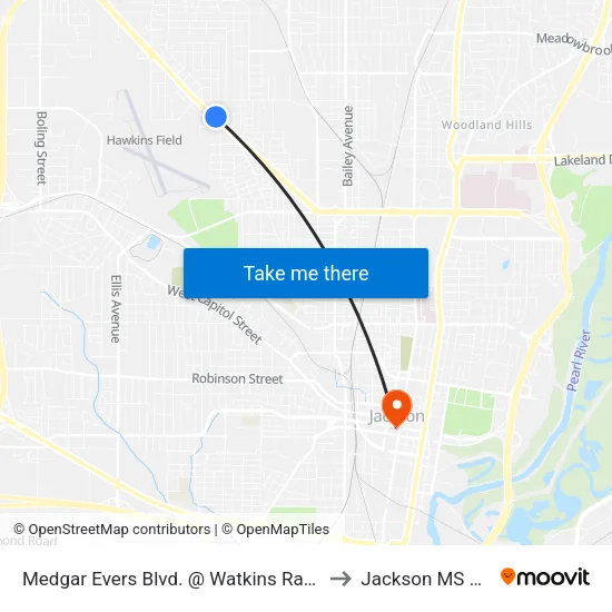 Medgar Evers Blvd. @ Watkins Radiator to Jackson MS USA map
