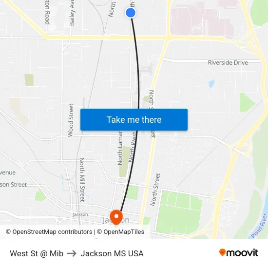 West St @ Mib to Jackson MS USA map