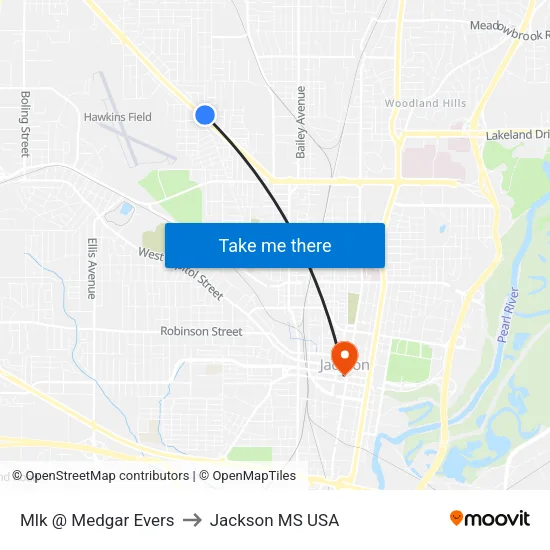 Mlk @ Medgar Evers to Jackson MS USA map