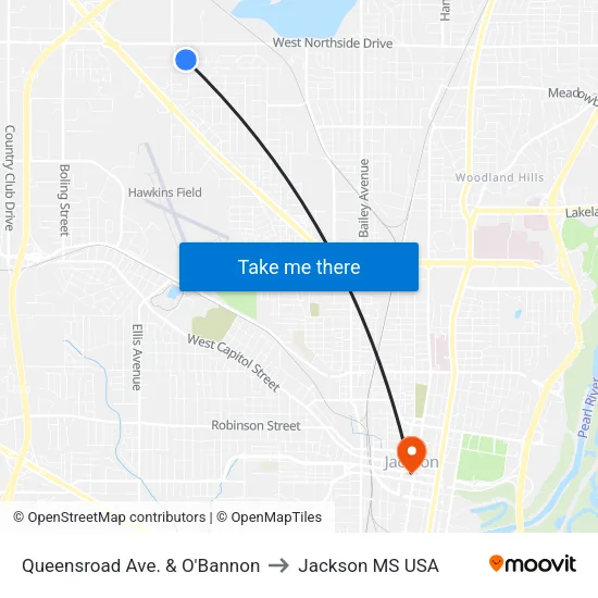 Queensroad Ave. & O'Bannon to Jackson MS USA map