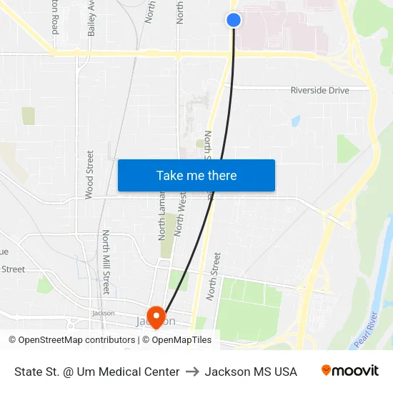 State St. @ Um Medical Center to Jackson MS USA map