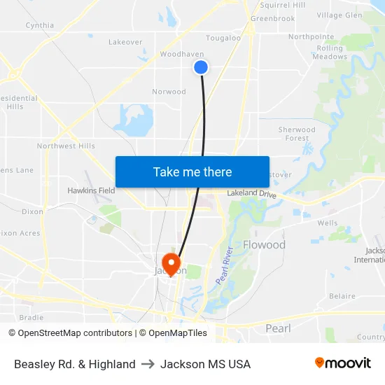 Beasley Rd. & Highland to Jackson MS USA map