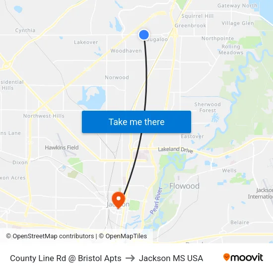 County Line Rd @ Bristol Apts to Jackson MS USA map