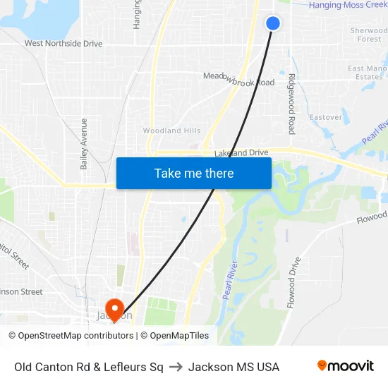 Old Canton Rd & Lefleurs Sq to Jackson MS USA map