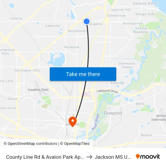 County Line Rd & Avalon Park Apts to Jackson MS USA map